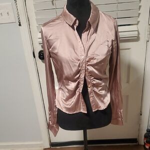 Timing Pink Ruched Button Down Shirt